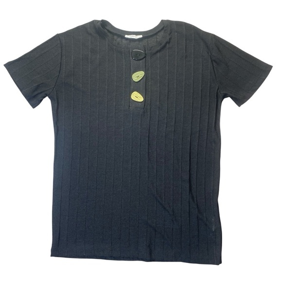 ZARA Ribbed Knit Black Button Detail Short Sleeve Top Size M - Picture 2 of 9